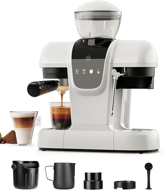 i Cafilas Semi-Automatic Espresso Machine with Grinder & Steam Wand,White | 20-Bar,11 grind settings,NTC&PID control,Compact For home&office; 27 oz tank,Touch Panel,Milk Frother for Cappuccino & Latte