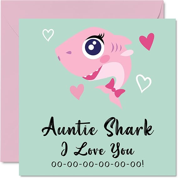 Stuff4 Birthday Cards for Aunt - Auntie Shark - Aunt Birthday Card from Niece or Nephew, Happy Birthday Aunty Auntie from Toddler Baby Card Gift, 5.7 x 5.7 Inch Seasonal Funny Greeting Cards Gifts