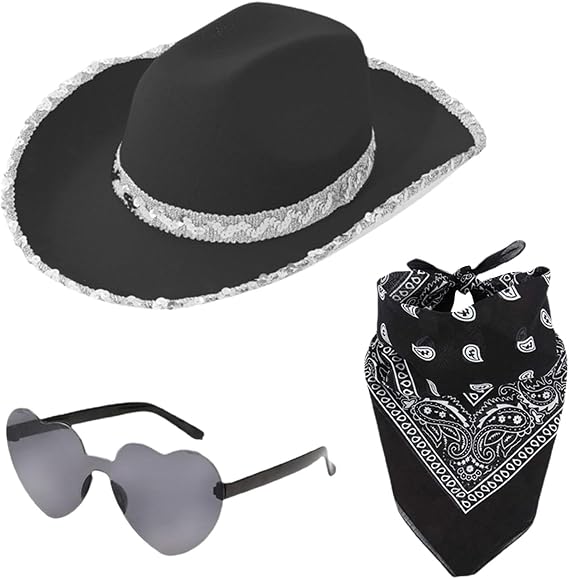 Western Cowboy Hat with Glasses & Bandana, Wide Brim Western Sequins Cowgirl Hats for Girls Women,