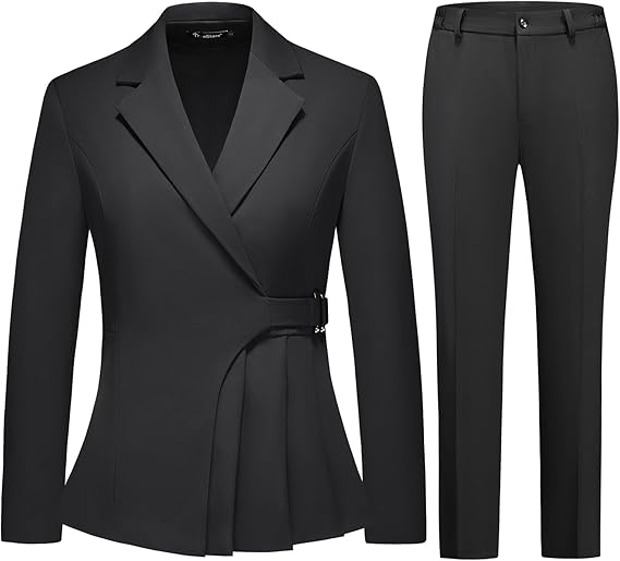 Women's Solid Blazer Pant Suit Irregular 2 Piece Set | Stylish Business Casual Outfit, Straight-Leg Pants with Elastic Waistband