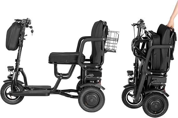 3 Wheel Folding Mobility Scooter for Adults, Foldable Electric Powered Lightweight Mobility Scooter for Seniors with Baskets, 300lbs Capacity, 20 Miles, Black