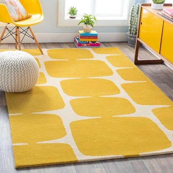 TUFT&TRIM Wool Area Rug Hand Tufted 4x6ft- Handmade Luxurious Woolen Carpet for Living Room, Kitchen, Bedroom and Home Decor, Non Slip Washable Indoor Entryway Yellow Carpet Geometric Abstract Print
