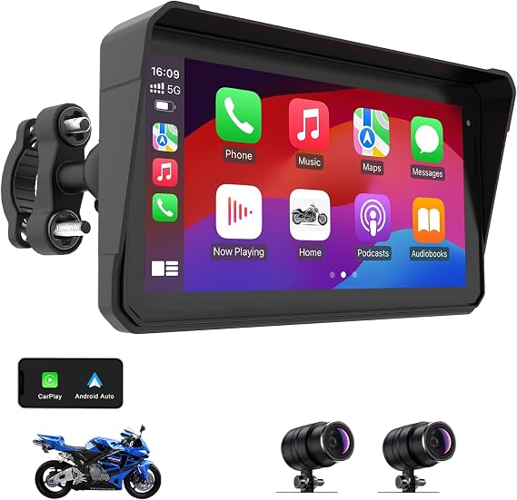 2K Motorcycle Dash Cam Front and Rear, 6" Carplay & Android Auto Screen