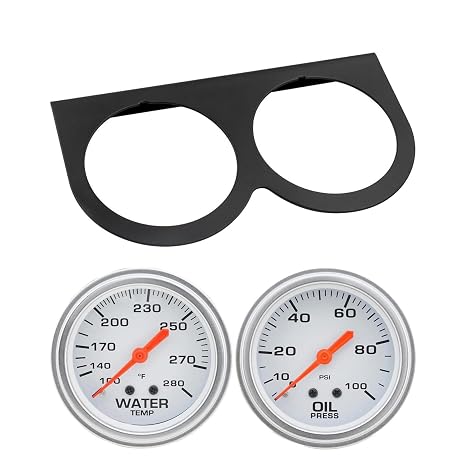 Speedway 2-5/8 Inch Water Temperature and Oil Pressure Gauges with Backlit White Faces, Chrome Bezels, Snap-On Trim Rings and Mounting Plate, Hardware and Installation Kits