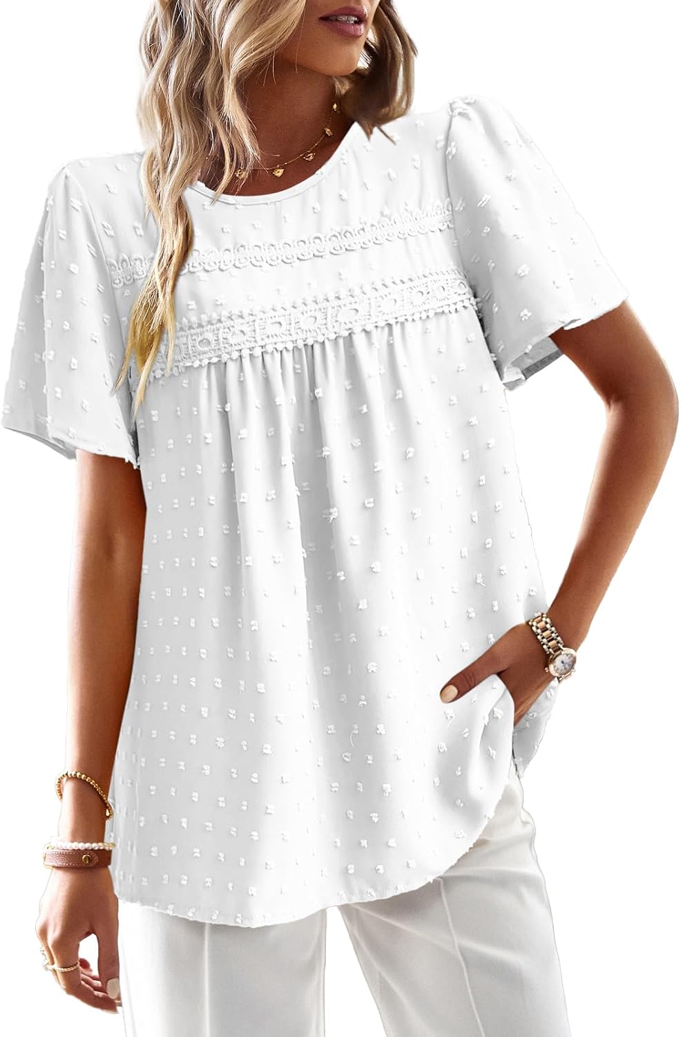 Womens Summer Tops Trendy Short Sleeve Crewneck Swiss Dot Ruffle Blouses Casual Loose Babydoll Tunic Shirts