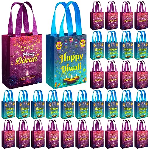 Windyun 48 Pcs Happy Diwali Gift Bags Non Woven Diwali Theme Party Gift Bag with Double Handles Favor Bags Tote for Festival of Lights Themed Party Treat Snacks Candy Favors Decorations