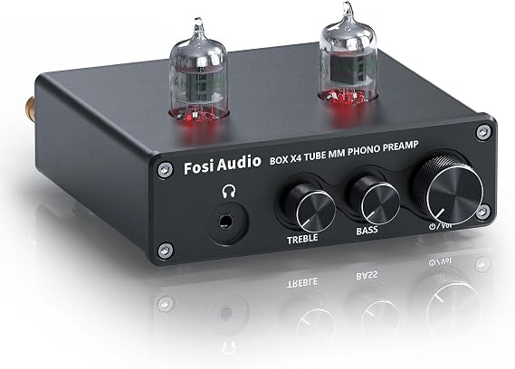 Fosi Audio BOX X4 Phono Preamp Headphone Amplifier/Preamplifier Hi-Fi Pre Amp with JAN 5725W Vacuum Tubes for MM Turntable Phonograph Record Player with Volume Bass Treble Control