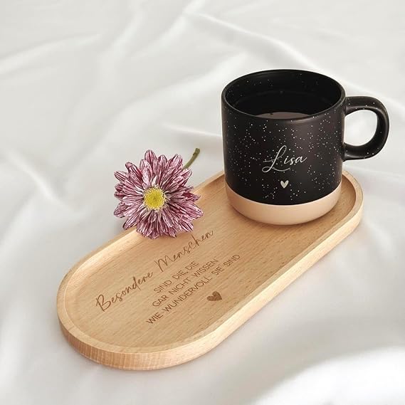 Personalized Ceramic Mug and Wood Tray Set, Crockery Drinking Cups 360ml Custom Engraved Cup with Beech Tray, Dishwasher Safe, Speckled Pattern, Gift for Birthday, Christmas