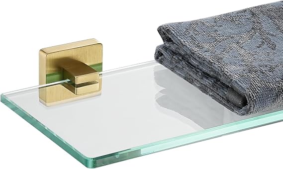 JQK Bathroom Glass Shelf, Floating Tempered Glass Shower Storage 16 by 5 inches, 304 Stainless Steel Brushed Gold Wall Mount, TGS201L16-BG