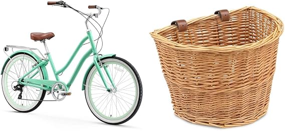 sixthreezero EVRYjourney Women's 7-Speed Beach Cruiser Bike with ProsourceFit Wicker Front Basket for Cruising and Commuting