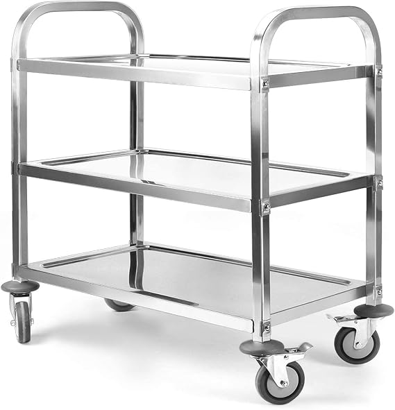 tonchean Extra Large 3 Tier Stainless Steel Cart 37.4 x 19.7 x 37.4 Inch | Kitchen Trolley Cart Serving Cart Kitchen Utility Rolling Cart Service Catering Storage Cart with Locking Wheels
