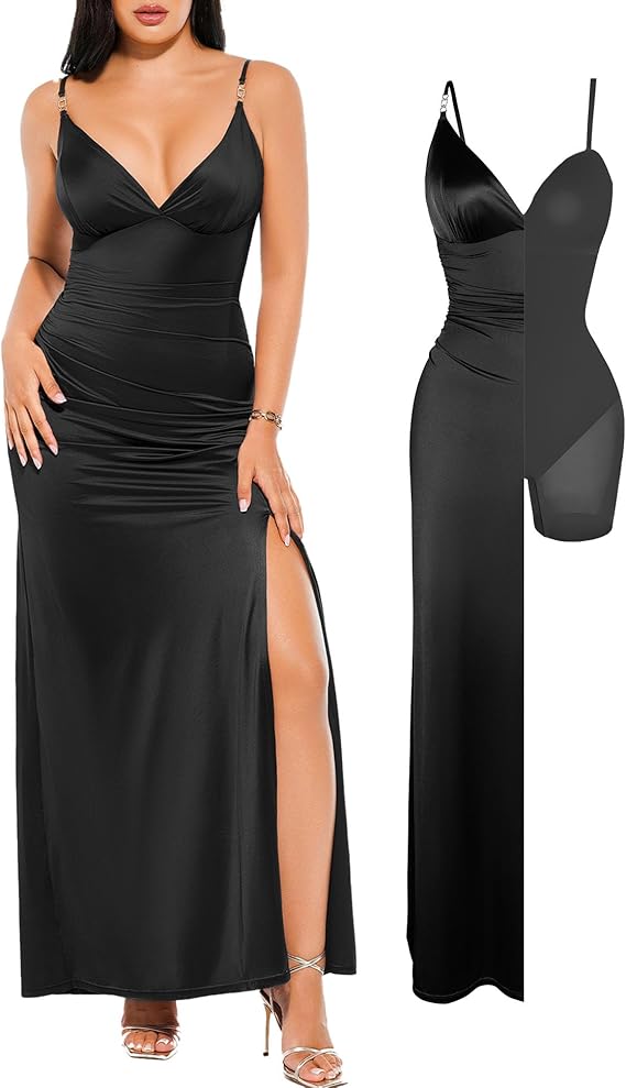 Popilush Women's Satin Maxi Dress Formal Cocktail Dress | Built In Bra, Side Slit, Spaghetti Strap, Homecoming Birthday Party Evening Date Night Silk Dress