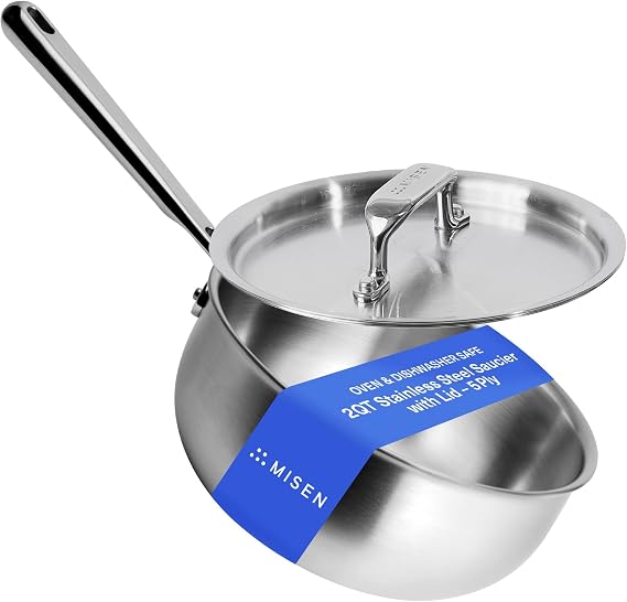Misen 5-Ply Stainless Steel Saucier with Lid Induction-Compatible Pan with Curved Sides for Smooth Stirring - Oven Safe to 800F Even Heat Distribution & Ergonomic Handle - 2 QT