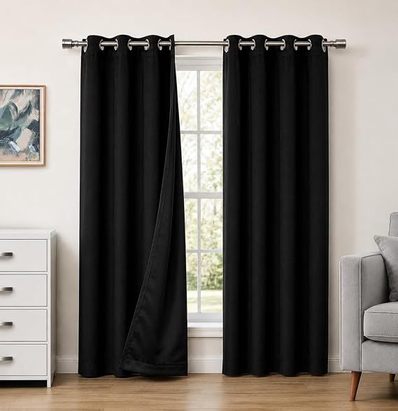 Blackout Curtains for Bedroom and Living Room, Bedroom Decor, Black Liner for 100% Blackout, Thermal Insulated, Built with Stainless Steel Grommet, Easy Installation, Black, 42x63