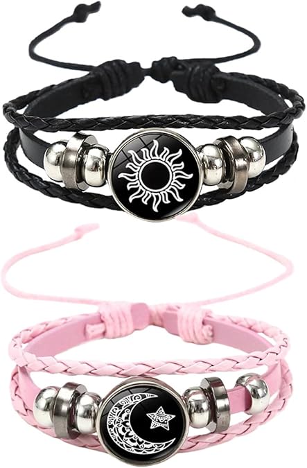 Luminous Sun and Moon Couple Bracelet Glow in the Dark Matching Adjustable Leather Cord Bracelet Long Distance Love Gift for Couples