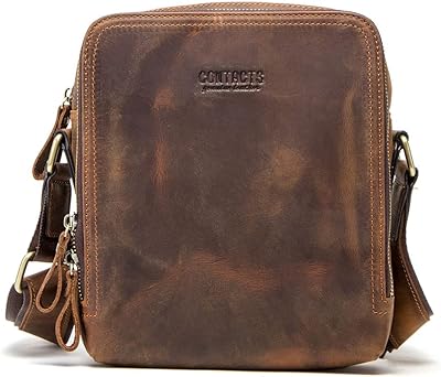 Contacts Leather Messenger Bag for Men Crazy Horse Leather Small Crossbody Shoulder Bag Men Vintage 7.9 iPad Travel Travel Bag Travel Handbag coffee