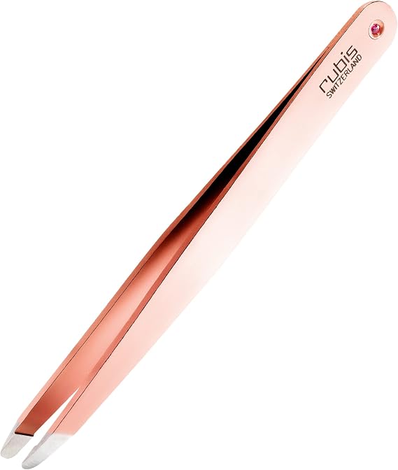 Rubis Classic Stainless Steel Slanted Tweezers with Real Ruby For Precise Eyebrows and Hair Removal, 1K103REDRU, Red Gold,Rubis Switzerland Swiss Made World Renowned Precision