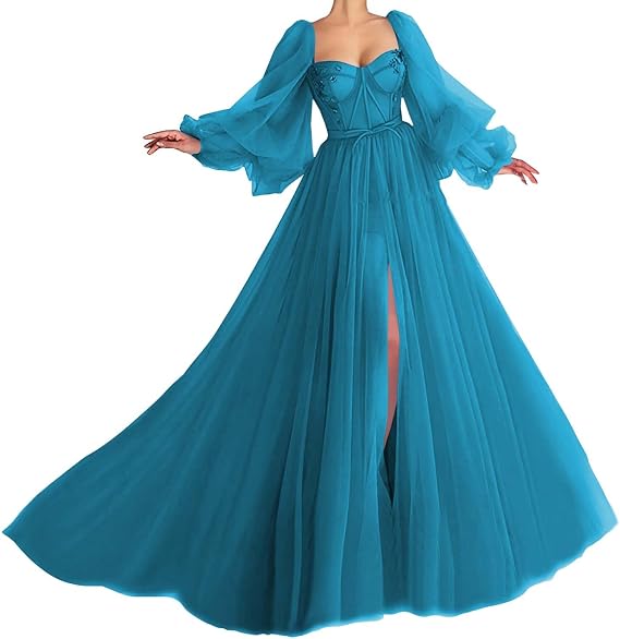 Puffy Sleeve Tulle Prom Dresses with Slit 2026 Long Sweetheart Ball Gown Formal Dresses for Women Evening Party