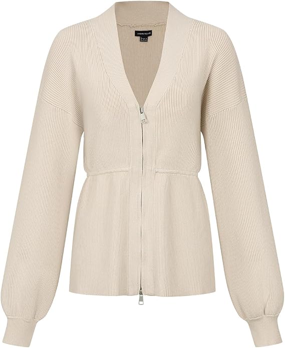 URBAN REVIVO Women's Zip Up Cardigan Sweater with Balloon Sleeves, V-Neck Knit Open Front Long Sleeve Coat for Casual Outwear