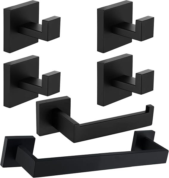 Nolimas 6 Pieces Matte Black Bathroom Hardware Set SUS304 Stainless Steel Square Wall Mounted Including 12 Inch Towel Bar, Toilet Tissue Holder, Robe Towel Hooks,Bathroom Accessories Kit