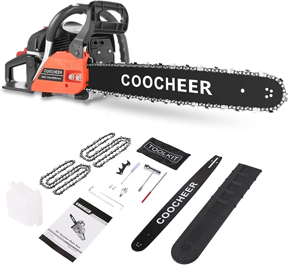 COOCHEER Gas Chainsaw 20-Inch, 62cc 3.5HP 2-Stroke Engine, Lightweight Portable Chainsaw for Wood Cutting, Includes 2 Chains and Tool Kit, Low Kickback, Easy Start, Red
