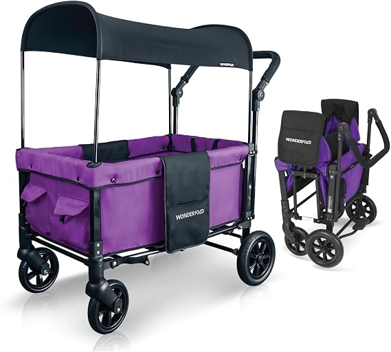 WONDERFOLD W1 Original Stroller Wagon (2 Seater) - Wagon Stroller with Seats with 5-Point Harnesses, Adjustable Push Handle, and Sun Canopy, Cobalt Violet