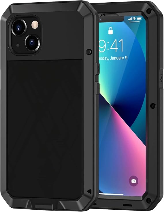 Lanhiem for iPhone 13 Metal Case, Heavy Duty Shockproof Tough Rugged Case with Built-in Glass Screen Protector, 360 Full Body Protective Cover for iPhone 13 6.1 inch, Black