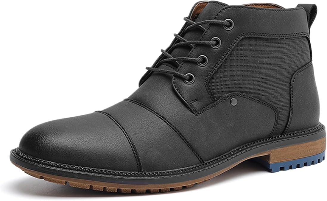 Mens Cap Toe Side Zip Mid Top Oxford Boots Vintage Round Toe Lace Up Low Chunky Heel Ankle Boots For Dressy Casual Daily Work Office