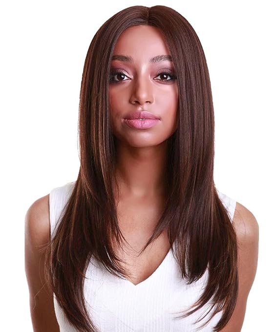 LUXLUXE Kiya Straight 22 Inch Long 4X4 Hand-Tied Lace Front Wig, Heat Resistant Fiber, 20+ Shades of Natural, Dip Dyed, Blended Colors (#F4/30 - Brown with Caramel Highlights)