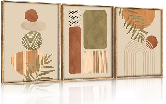 ANHUIB Boho Framed Canvas Wall Art Prints Set of 3 Mid Century Modern Wall Decor Midcentury Modern Art Framed Mid Century Artworks Bohemian Artwork for Living Room Bedroom Dining Room Office 30x40cm
