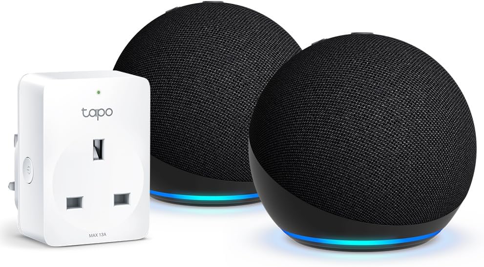 Echo Dot (5th generation) | Charcoal, 2-pack + Tapo P110M Smart Plug with Energy Monitoring, Works with Alexa - Smart Home Starter Kit, with Alexa+ Early Access