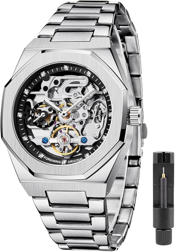 Tiong Mechanical Men Watches Fashion Automatic Men Watches Blue Stainless Steel Waterproof Business Skeleton Watches,Black///White,Quartz Watch,Mechanical Automatic