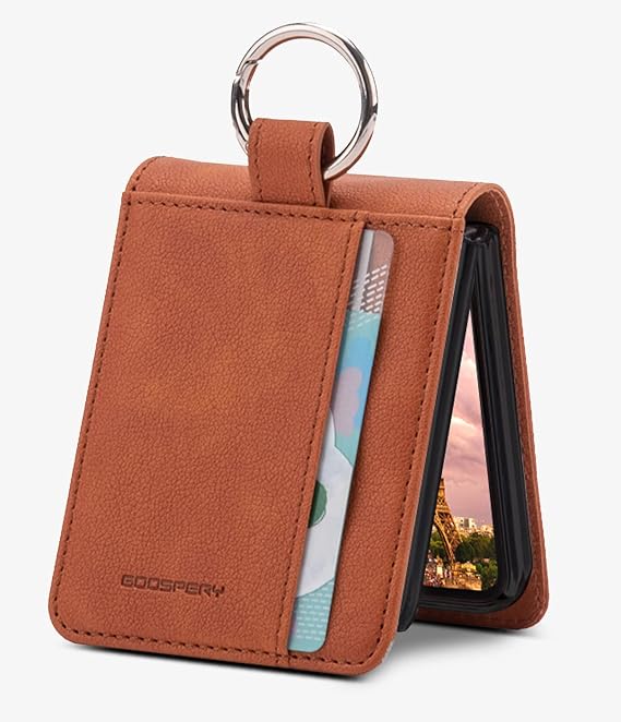 GOOSPERY Card Wallet Ring Case Compatible with Galaxy Z Flip 4 Case, Card Holder Pocket Storage Premium PU Leather Key Ring Wallet Cover, Brown