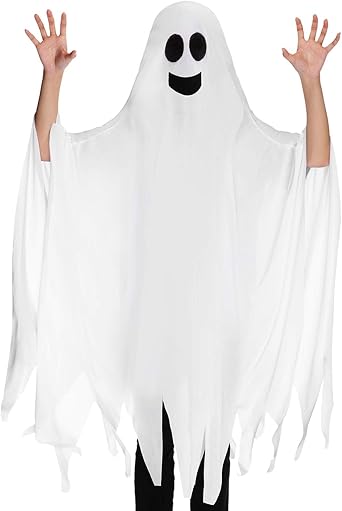 Geyoga Ghost Halloween Costume for Kids Adult Ghost Costume Tattered Gown Cosplay Role Play Supplies for Child over 8 Years Old, 4.27 x 3.94 Feet(Smile Style)