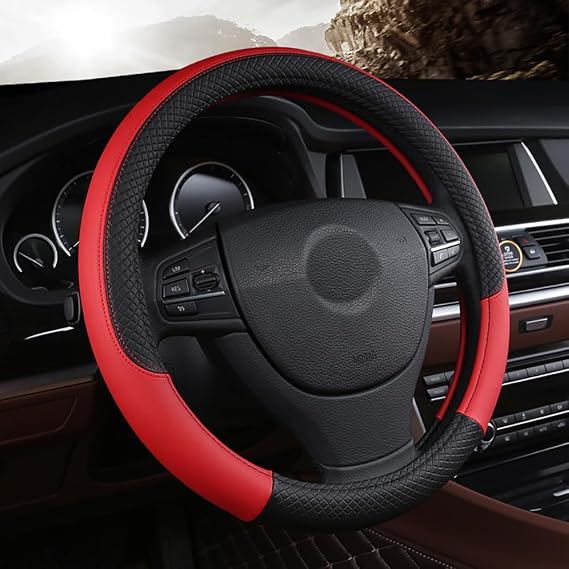 Car Steering Wheel Cover for Abarth 695/695 Xsr Yamaha / 695 Tributo Ferrari / 695 Competizione / 695 Biposto, 15 Inch Premium Leather and Carbon Fiber Texture Steering Wheel Protector
