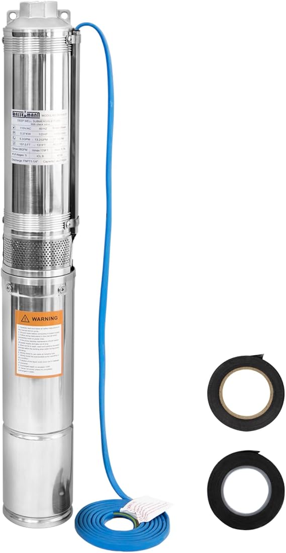 WASSERMANN Deep Well Submersible Pump 10 Inch with 10 Feet Cable, 1/2 HP, 110 V/60 Hz, 28 GPM, 179 Foot Head, Stainless Steel Submersible Water Pump for Strawberry Irrigation