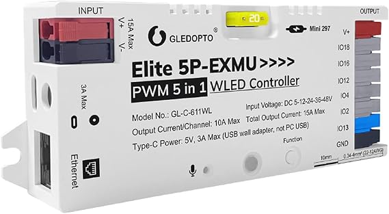 GLEDOPTO Elite 5P EXMU WLED PWM 5 in 1 LED Strip Controller | DC 5-48V, Plug and Play Ethernet, 20A Pluggable Fuse, Built in PDM Mic, for Analog RGBCCT RGBW RGB CCT Single Color LED Strip