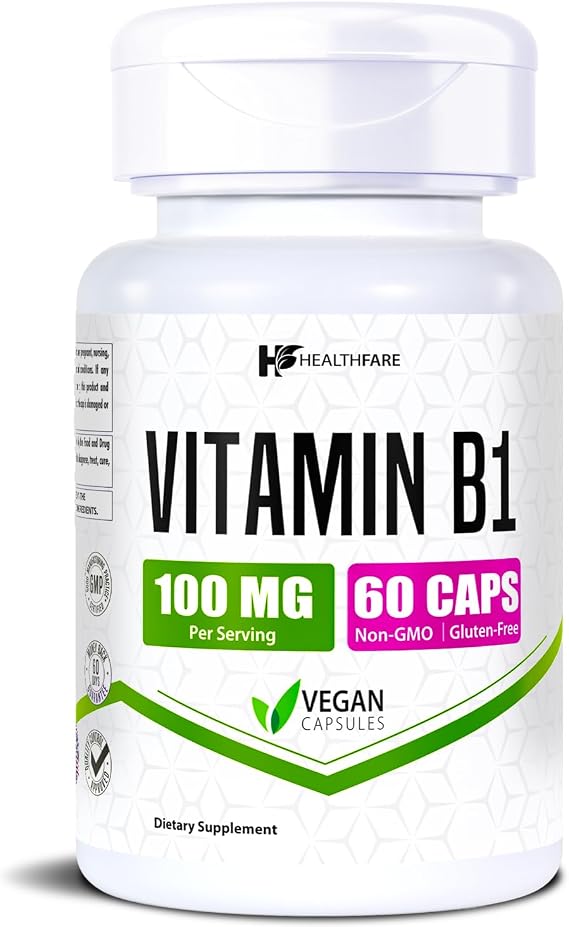 Healthfare Vitamin B1 100mg | 60 Capsules | Thiamine Supplement | Supports Overall Health | Non-GMO | Gluten Free (60 Capsules)