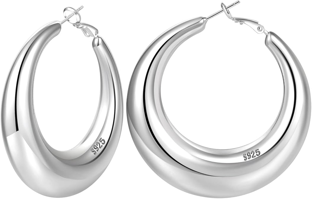PABBEU Sterling Silver Hoop Earrings S925 Chunky Silver Hoop Earrings | Hypoallergenic Large Hoops Lightweight Big Silver Hoops for Women 30/40/50MM