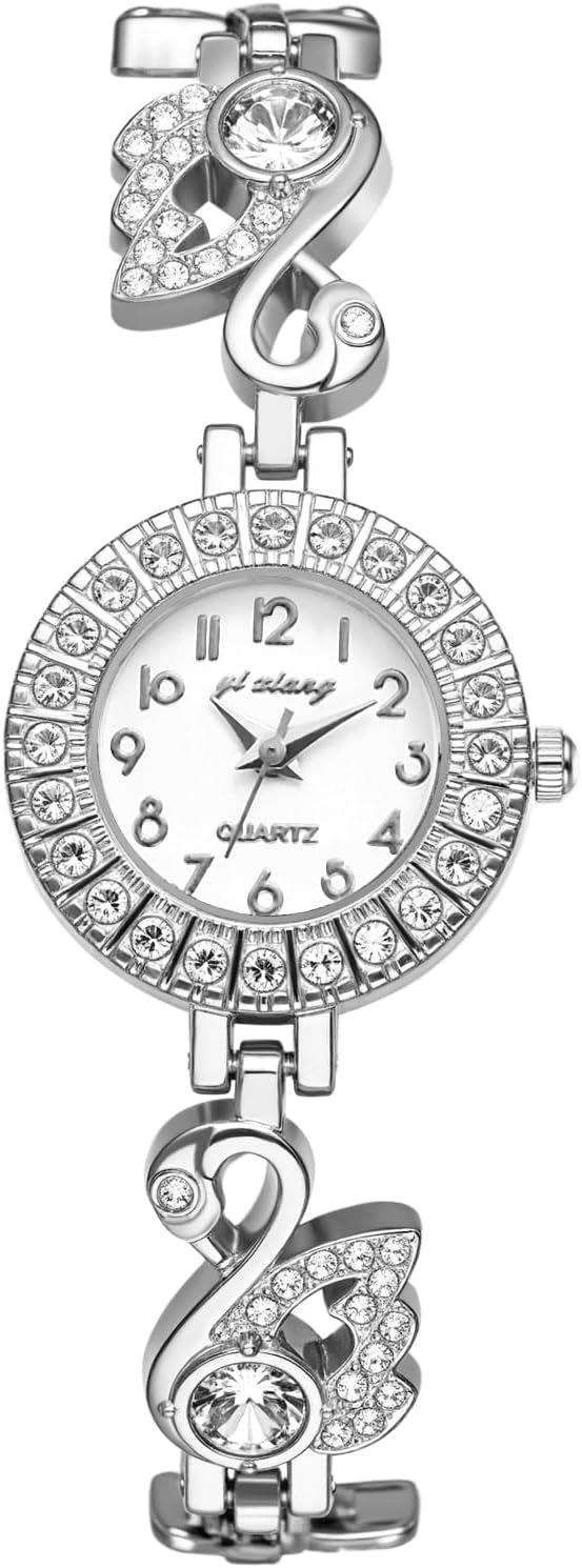 JewelryWe Iced-Out Watch for Women - Round Analog Quartz WristWatches Elegant Rhinestone Bangle Bracelet Watch for Ladies