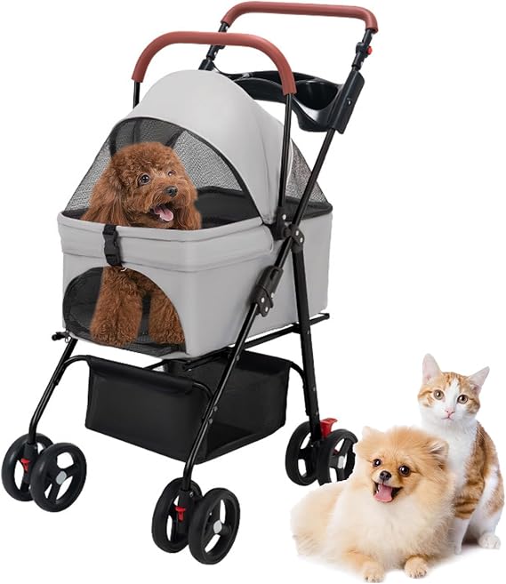 Pet Stroller, 4 Wheels Foldable Stroller for Small Medium Pets, Pet Travel Carriage with Double Cup Holder & Storage Basket 1 Set