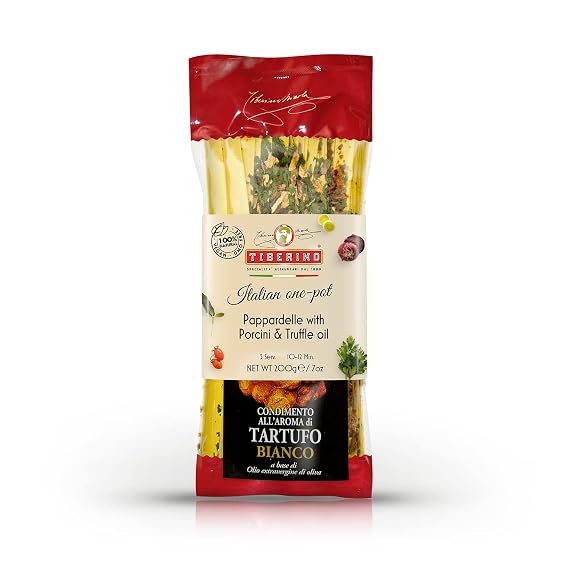 Tiberino's Real Italian Meals Pappardelle with Porcini & Truffle Oil, Imported from Italy - 100% Natural, 7 oz, 1 Pan Cooking, No Straining Required, Cooks in Minutes, No Additional Ingredients Needed