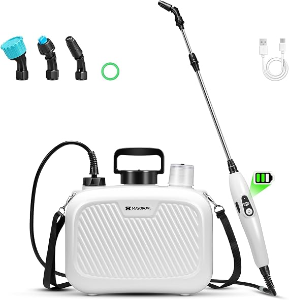 Maygrove 2 Gallon Electric Garden Sprayer, Battery Powered Sprayer with 3 Nozzles, Rechargeable Telescopic Wand, One-Button Spraying for Yard, Lawn, Weed Control