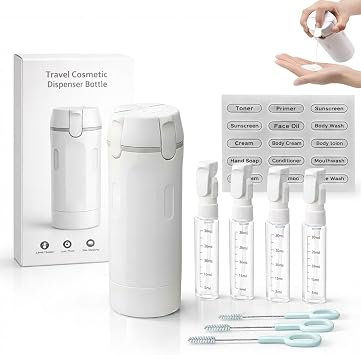 4 in 1 Travel Dispenser Bottle for Toiletries, 2026 New Refillable, Leak Proof & Portable Travel Toiletry Containers for Shampoo Lotion Conditioner Cream, Transparent with Scale and Label (White)