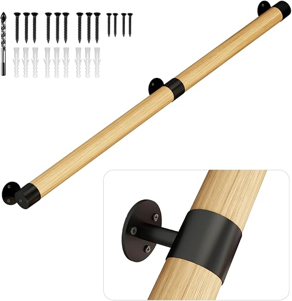 5FT Wooden Stair Handrails,Indoor Outdoor Hand Railings, Sturdy Wall Mount Support,Non-Slip Safety Handrail for Elderly, Children, and People with Physical Limitations