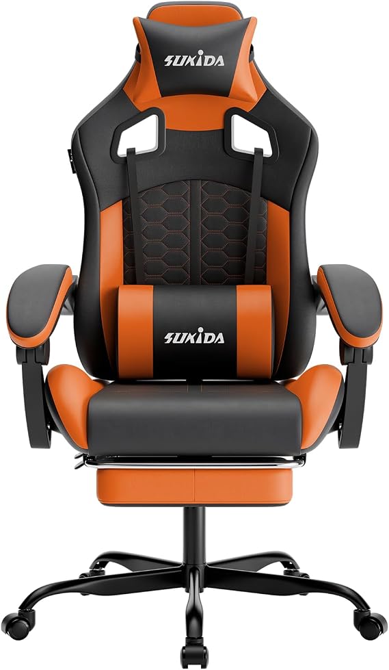 SUKIDA Ergonomic Gaming Chair for Adult, Comfortable Desk Chair with Massage, Comfy Headrest and Lumbar Support Pc Office chairs with Footrest, Height Adjustable Rotating Task Chairs