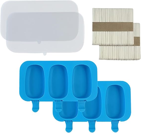 Homemade Popsicle Silicone Molds with Lid Popsicle Molds BPA-Free, Ice Pop Molds with 3 Cavities, Cake,Ice Cream and Popsicle Maker Easy Release with 100 Popsicle Sticks (Set of 2 Blue)