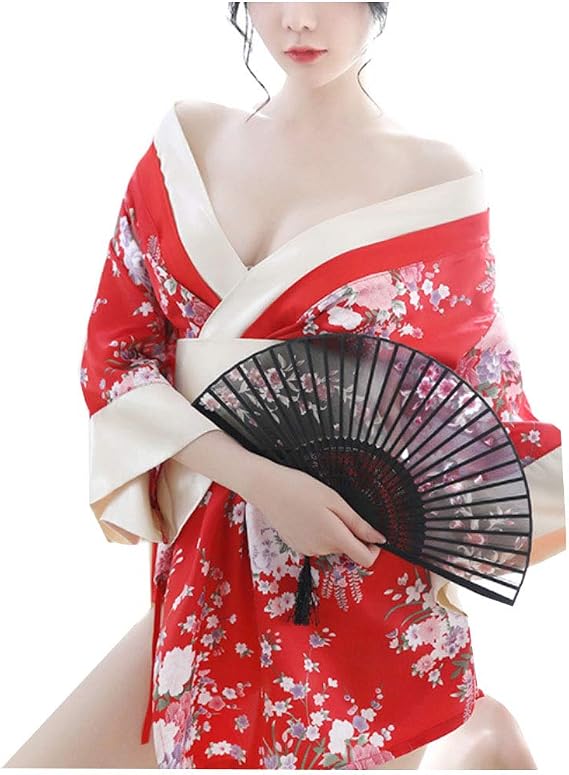 Maya Star Women Ultra-thin Seductive Pajamas Sweet Japanese Kimono yukata Set Cosplay Uniform Nightgown Gown Robe(Red)
