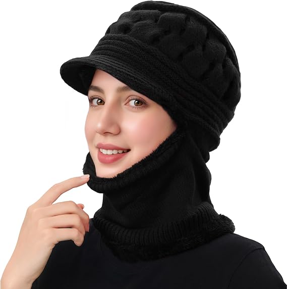Womens Winter Beanie Hats, Winter Scarf Mask Set for Women One Piece Slouchy Beanie Hats with Visor Brim Fleece Lined, Black 2025