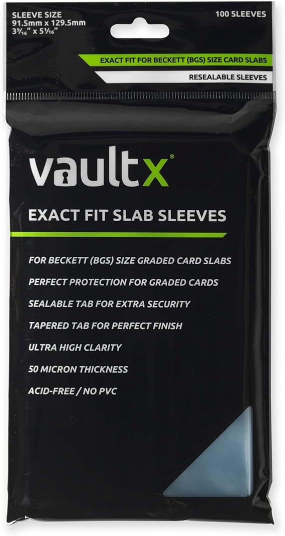 Vault X Exact Fit Slab Sleeves (100 Pack) for BGS Beckett Graded Cards | Fits BGS & Beckett graded slabs & cases. Crystal-clear, acid-free protective sleeves. 100-pack for graded card collectors.